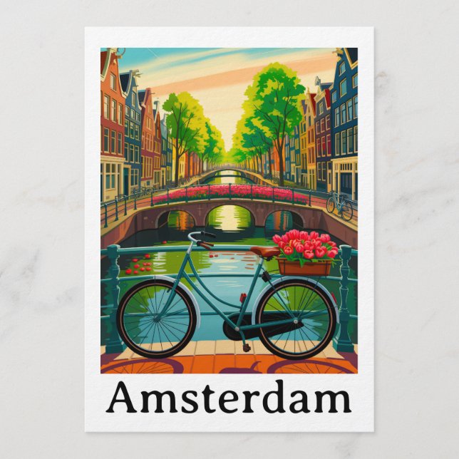 Convites Retro Vintage Amsterdã Holanda Canal Cidade Viagem (Frente)