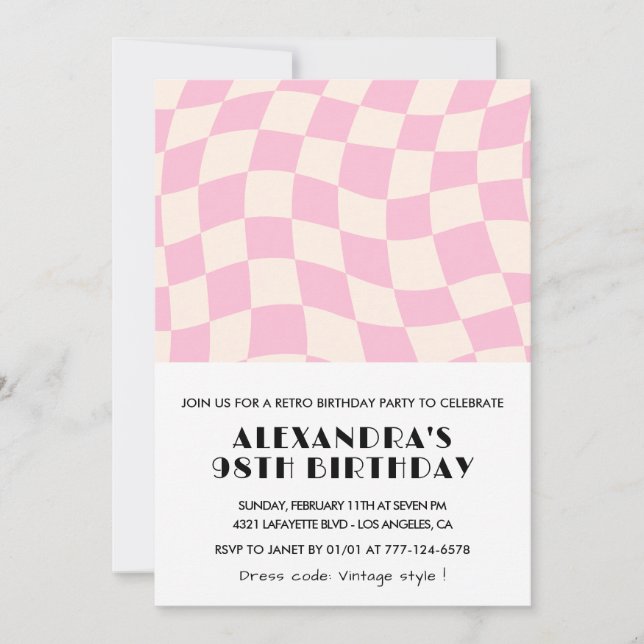 Convites Retro Vintage Pink Verificado no 98º aniversário (Frente)