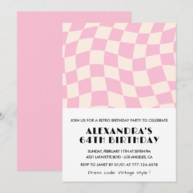 Convites Retro Vintage Rosa Xadrez 64º aniversário (Frente/Verso)