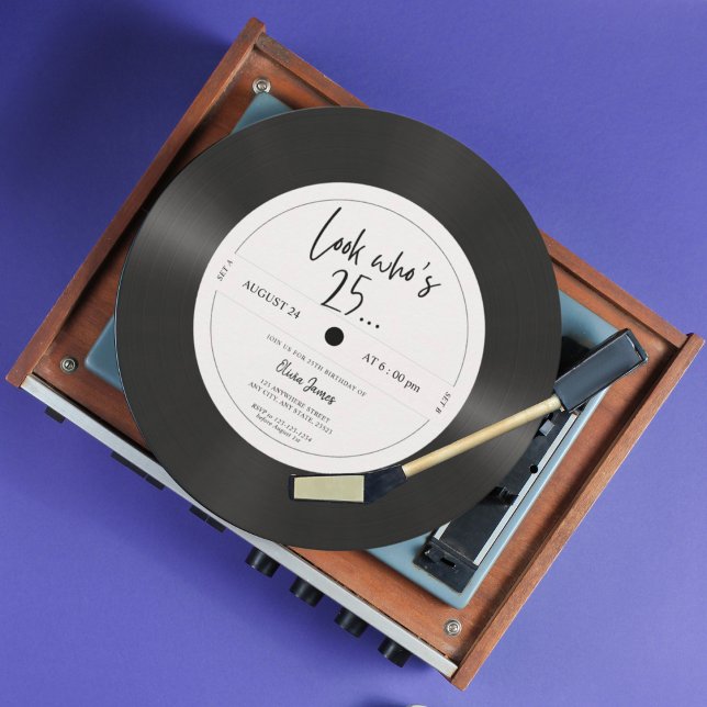 Convites Retro vinyl record look who’s 25, 25th birthday  (Criador carregado)