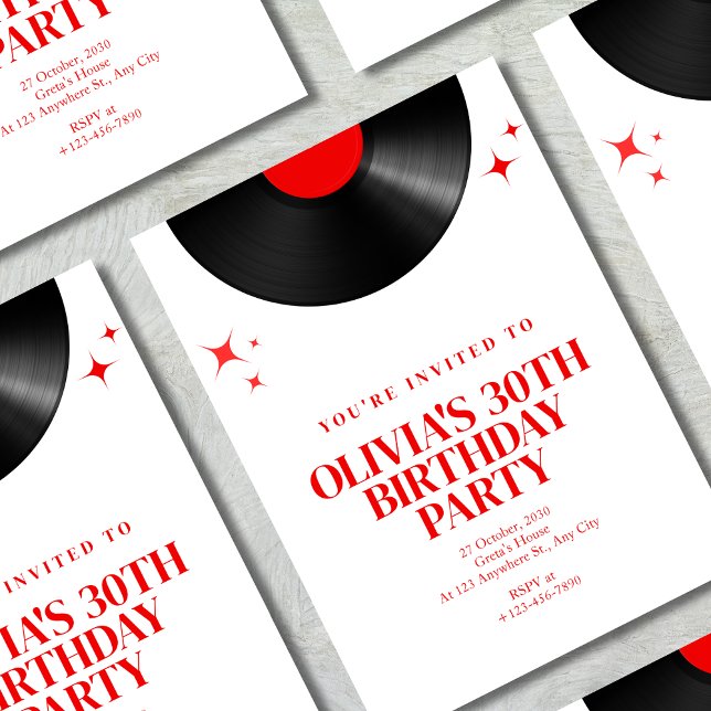 Convites Retro Vinyl Record Music Birthday Bash em Vermelho (Criador carregado)