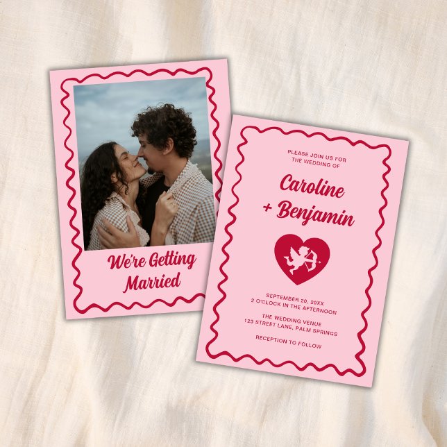 Convites Retro Wavy Frame Red Pink Cupid Heart Wedding (Criador carregado)