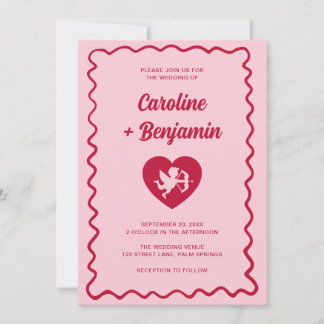 Convites Retro Wavy Frame Red Pink Cupid Heart Wedding