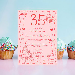 Convites Retro Whimsical Quirky Red Pink 35º Aniversário