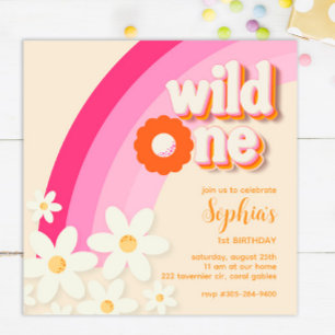 Convites Retro Wild One Daisy Birthday Pink