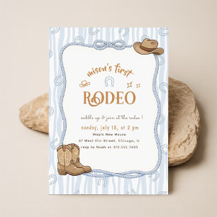 Convites Retro Xadrez Azul Cowboy Primeiro Rodeio Aniversár