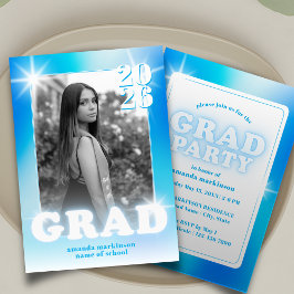Convites Retro Y2K Cyber Blue Neon Graduation Photo Party