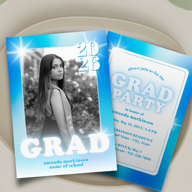 Convites Retro Y2K Cyber Blue Neon Graduation Photo Party (Criador carregado)