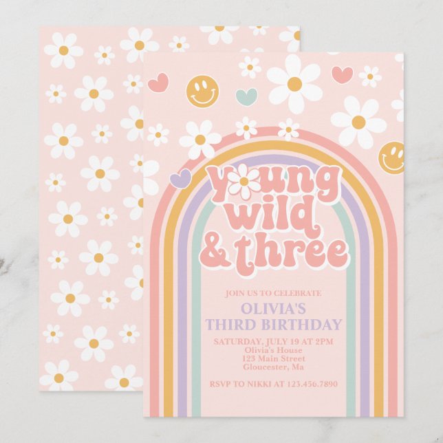 Convites Retro Young Wild e Three Rainbow aniversário de 3  (Frente/Verso)
