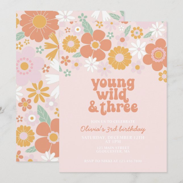 Convites Retro Young Wild Three Floral aniversário de 3 ano (Frente/Verso)