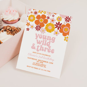 Convites Retro Young Wild Three Floral aniversário de 3 ano