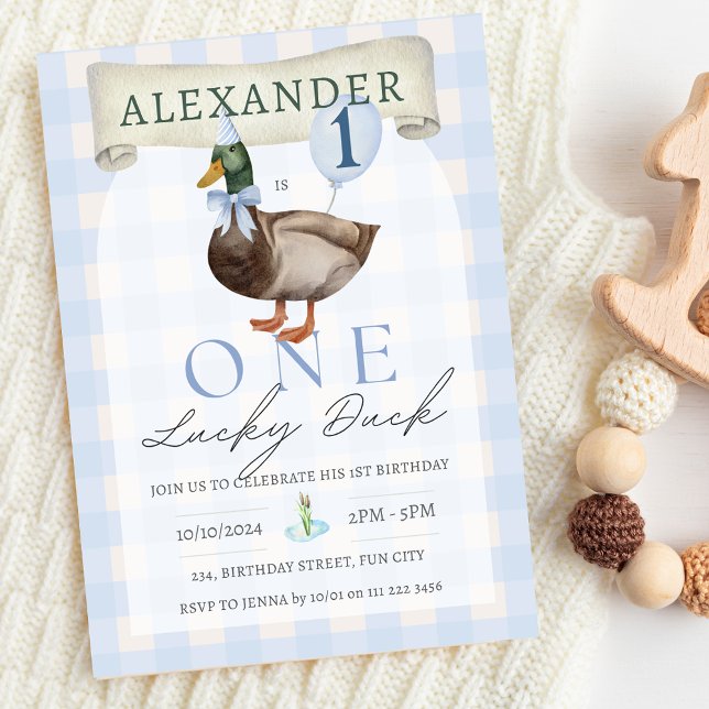 Convites Retron One Lucky Duck primeiro aniversario Blue Gi (One Lucky Duck 1st Birthday Blue Gingham Invitation for Boy )
