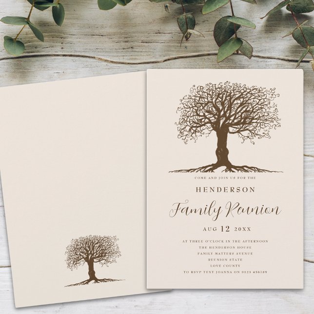 Convites Reunião da Família Árvore da Família (Family tree family reunion brown and beige elegant script invitation Rustic stylish family gathering)