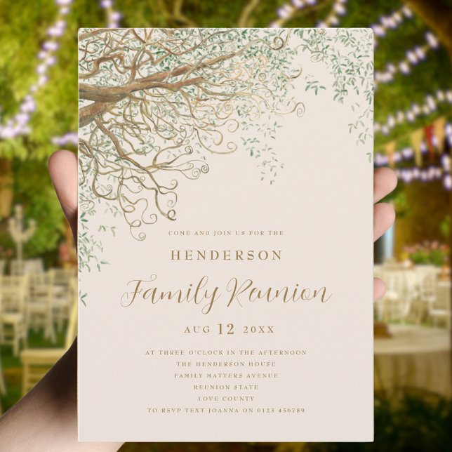 Convites Reunião da Família Árvore da Família (Family tree family reunion summer party invitation Elegant modern script beige and brown)