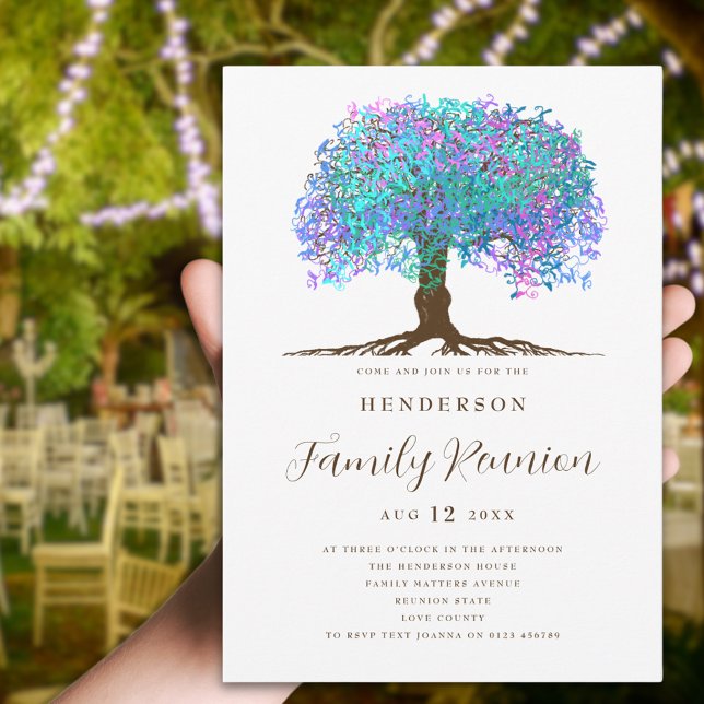 Convites Reunião da Família Árvore da Família (Colorful watercolor tree family reunion party invitation with rainbow leaves and strong roots)