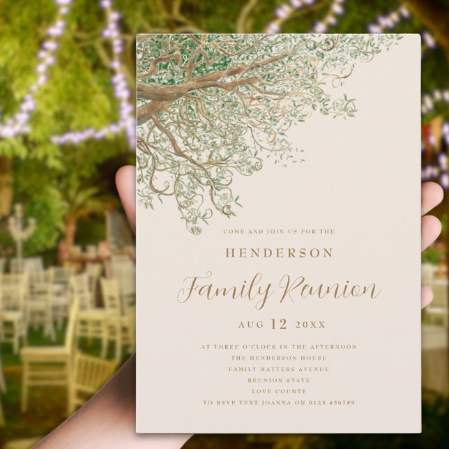 Convites Reunião da Família Árvore de Aquarela (Watercolor tree branches family reunion invitation Brown beige green modern script summer party)
