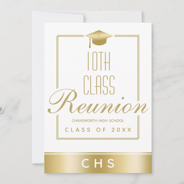 Convites Reunião de Classe 10 com Script Dourado Branco Ele (Frente)