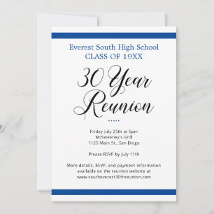 Convites Reunião de classe mínima azul e branco de 30 anos
