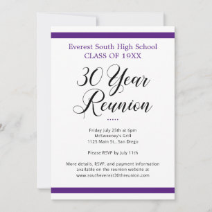 Convites Reunião de Classe Mínima de 30 Anos, Roxo e Branco