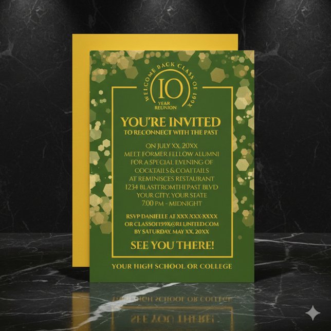 Convites Reunião de Classe Verde e Dourada (Elegant Green & Gold School Class Reunion Invitation Cover Photo)