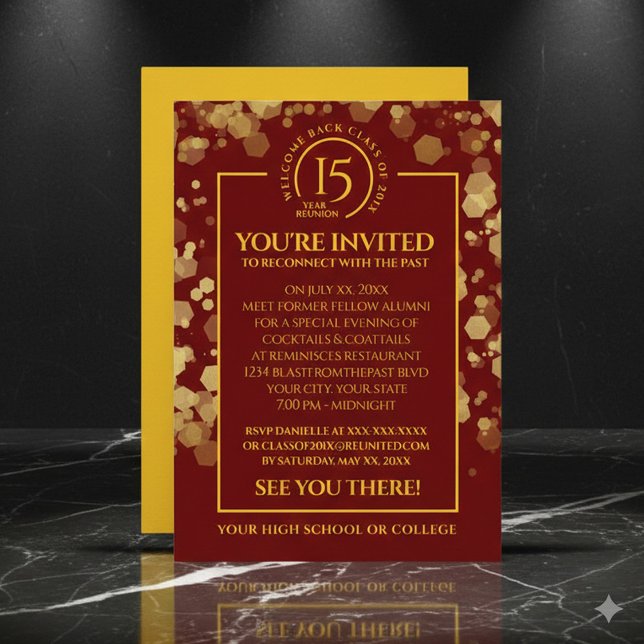 Convites Reunião de Classe Vermelha e Dourada (Elegant Red & Gold School Class Reunion Invitation Cover Photo)