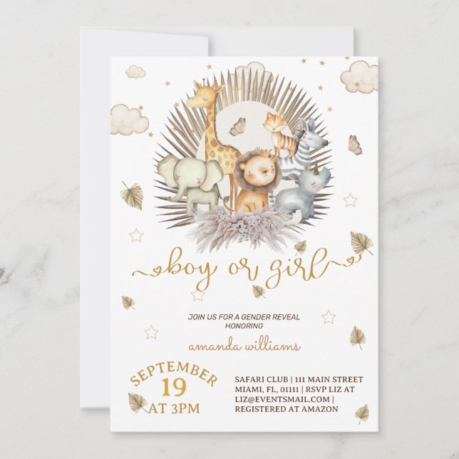 Convites Revelação de Gênero Animal da Selva Safari (Frente)