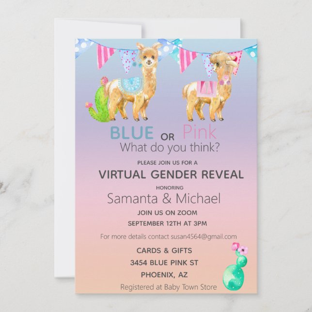 Convites Revelação de Gênero Aquarela Lhama Rosa Virtual Az (Frente)