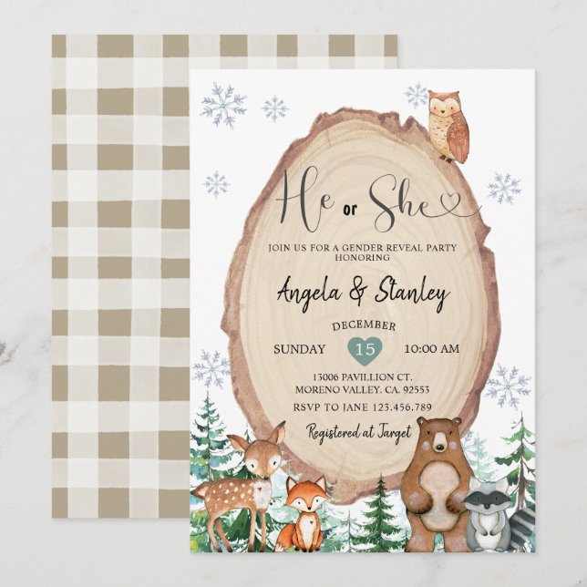 Convites Revelação de Gênero Da Floresta Rústica De Inverno (Frente/Verso)