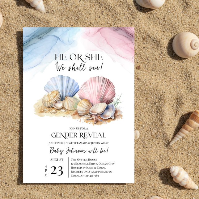 Convites Revelação de Gênero de Concha Marinha Ele ou Ela N (He or She We Shell Sea Coastal Gender Reveal Invitation by Darling & May)