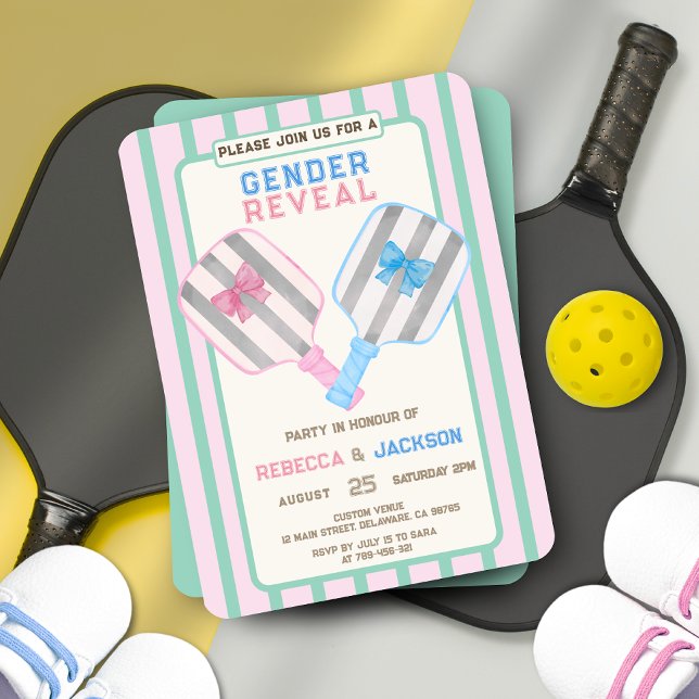 Convites Revelação de Gênero de Espelhos de Piquenique do C (Country Club Stripes Pickleball Gender Reveal Invitation)