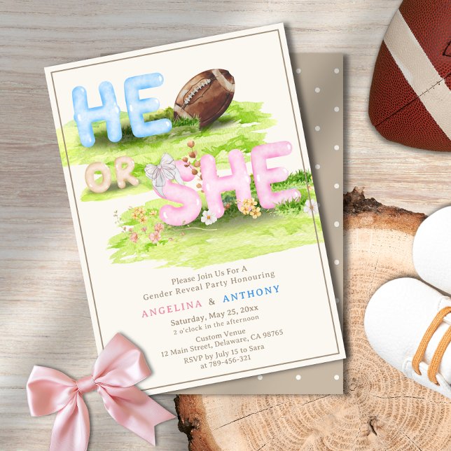 Convites Revelação de Gênero do Arco de futebol Watercolor (Watercolor Football Bow He or She Gender Reveal Invitation)