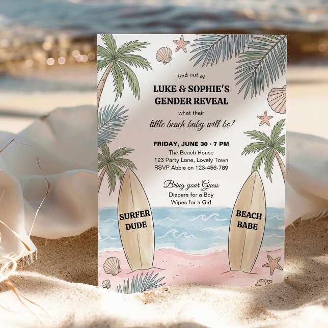 Convites Revelação de Gênero do Bebê de Praia Surfer Dude (Beach Babe Surfer Dude Gender Reveal Invitation)