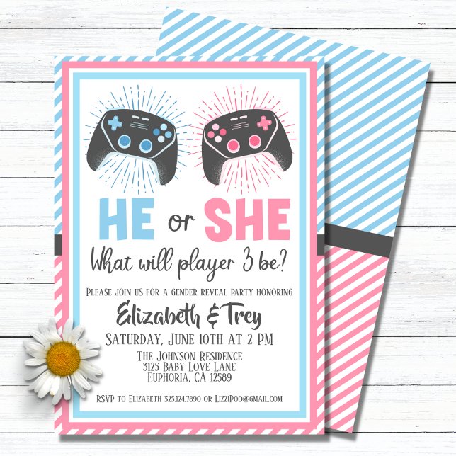 Convites Revelação de Gênero do Bebê Gamer Bonito (A cute geeky gender reveal invitation for the parents to be who love video games.)