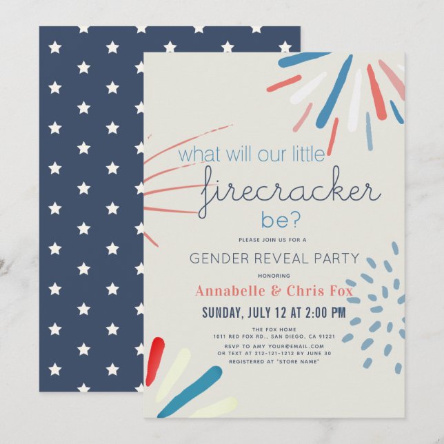 Convites Revelação de gênero do Firecracker 4 de julho do F (Frente/Verso)