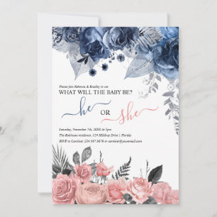 Convites Revelação de Gênero Elegante   Floral Rosa e Azul