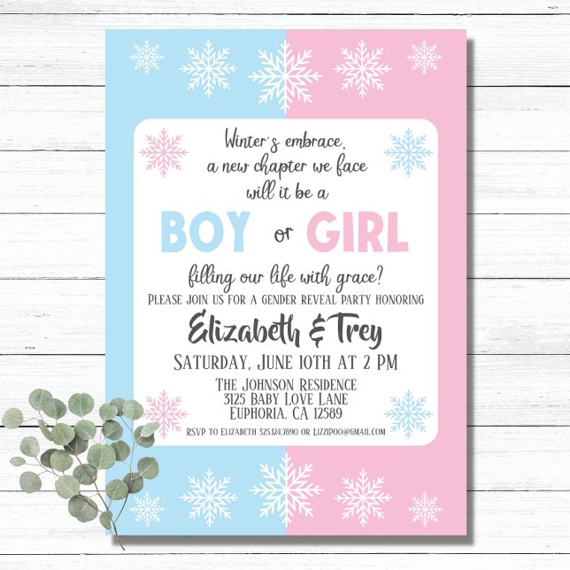 Convites Revelação de Gênero em Flocos de Neve de inverno (A simple snowflake themed invitation for a winter gender reveal.)