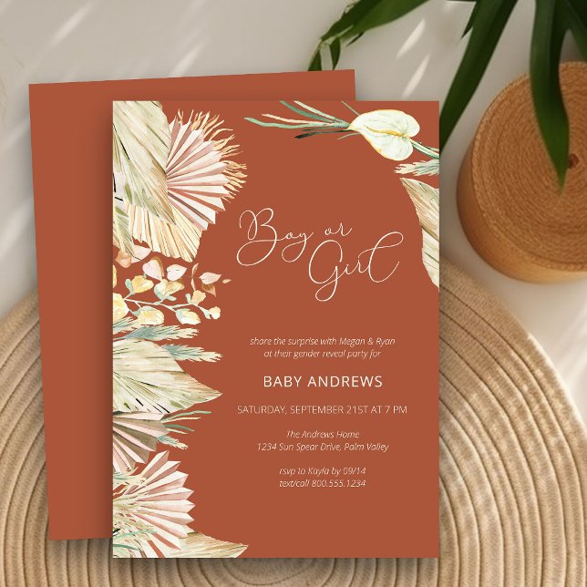 Convites Revelação de Gênero Folhagem Seca Palma Boho Terra (Gender Reveal Invitation Card in terracotta with boho palm leaves)