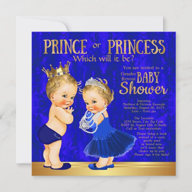 Convites Revelação de Gênero Príncipe ou Princesa Azul Real (Frente)