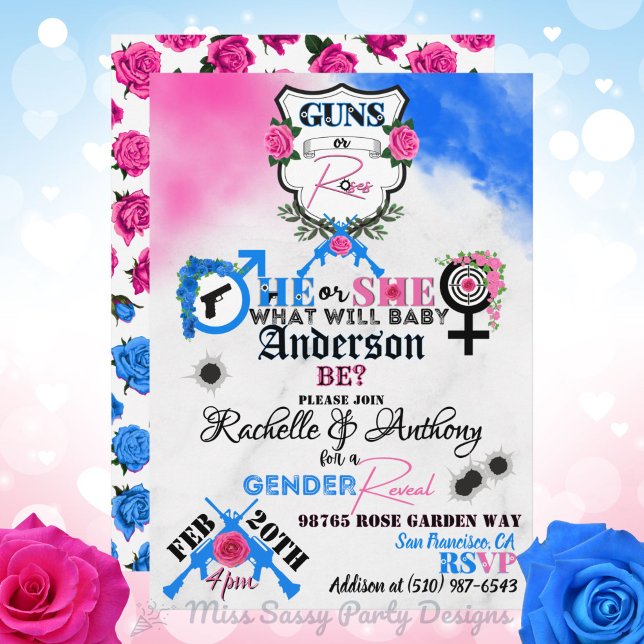 Convites Revelação de Gênero Rosa & Azul Armas ou Rosas  (Locked & Loaded for Baby! 💥Guns or Roses Pink & Blue Gender Reveal Invite for military & gun lovers)