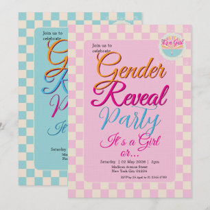Convites Revelação de Gênero Xadrez Azul-Rosa em Dois Lados