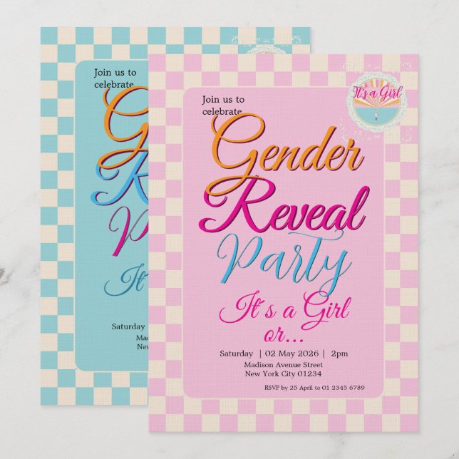 Convites Revelação de Gênero Xadrez Azul-Rosa em Dois Lados (Frente/Verso)