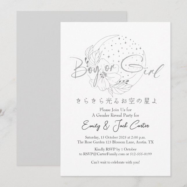 Convites Revelação do Gênero da Lua da Prata das Estrelas B (Frente/Verso)