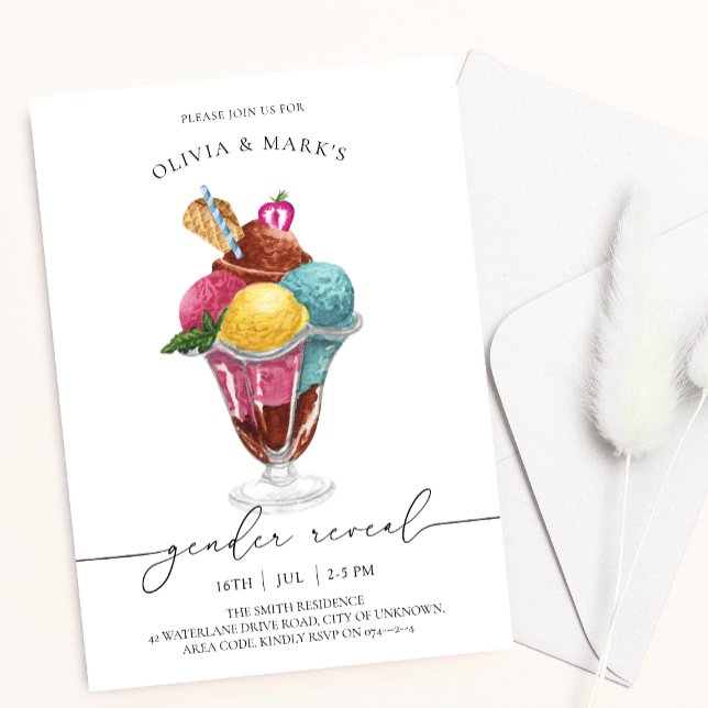 Convites Revelação do Gênero do Sorvete de Aquarela Azul e  (Criador carregado)