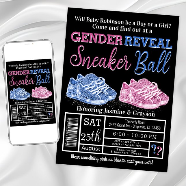 Convites Revelação do Sexo da Bola do Sneaker (Sneaker ball gender reveal invitations. Instant download and printed invitations available.)