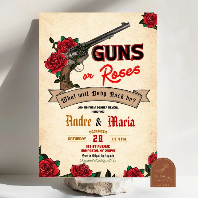 Convites Revelação do Sexo do Bebê Guns e Roses Rockstar (Criador carregado)