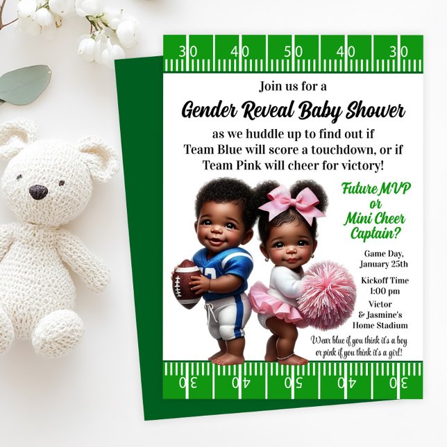 Convites Revelação do Sexo Futebol  (Football player and cheerleader gender reveal baby shower invitation. Simply add your details!)