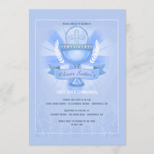 Convites Revertido Chalice First Santa Communion Blue