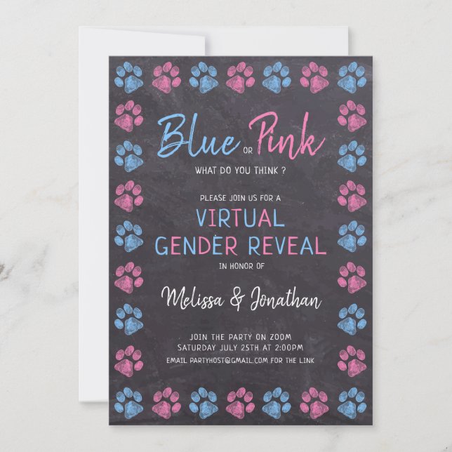 Convites Revisões de Gênero Virtual Cor-de-Rosa Azul-Quadro (Frente)