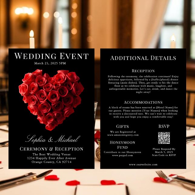 Convites Revista de Noiva capa tudo em um (Wedding Invitation Red Roses in the Shape of a Heart- Black White and Red)