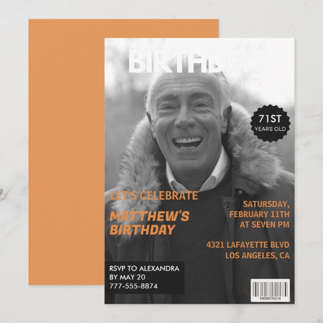Convites Revista Editorial preto e branco Aniversário de 71 (Frente/Verso)